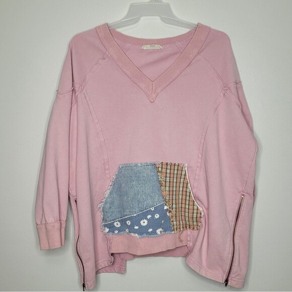Bluevelvet pink oversized star plaid patch distressed v neck pullover Size Med - Picture 1 of 11